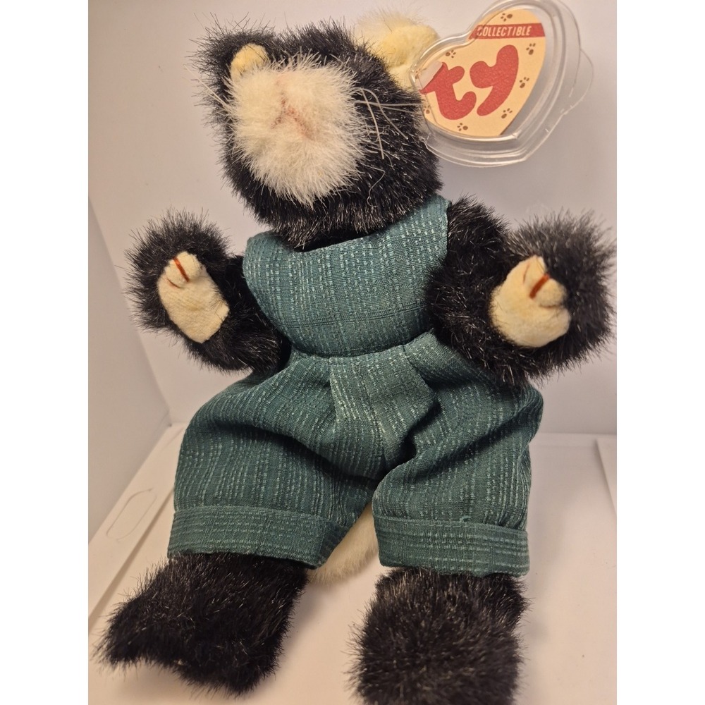 TY Attic Cat PURRCY Black & White Dk Teal Overalls Green Eyes Jointed 8.5"